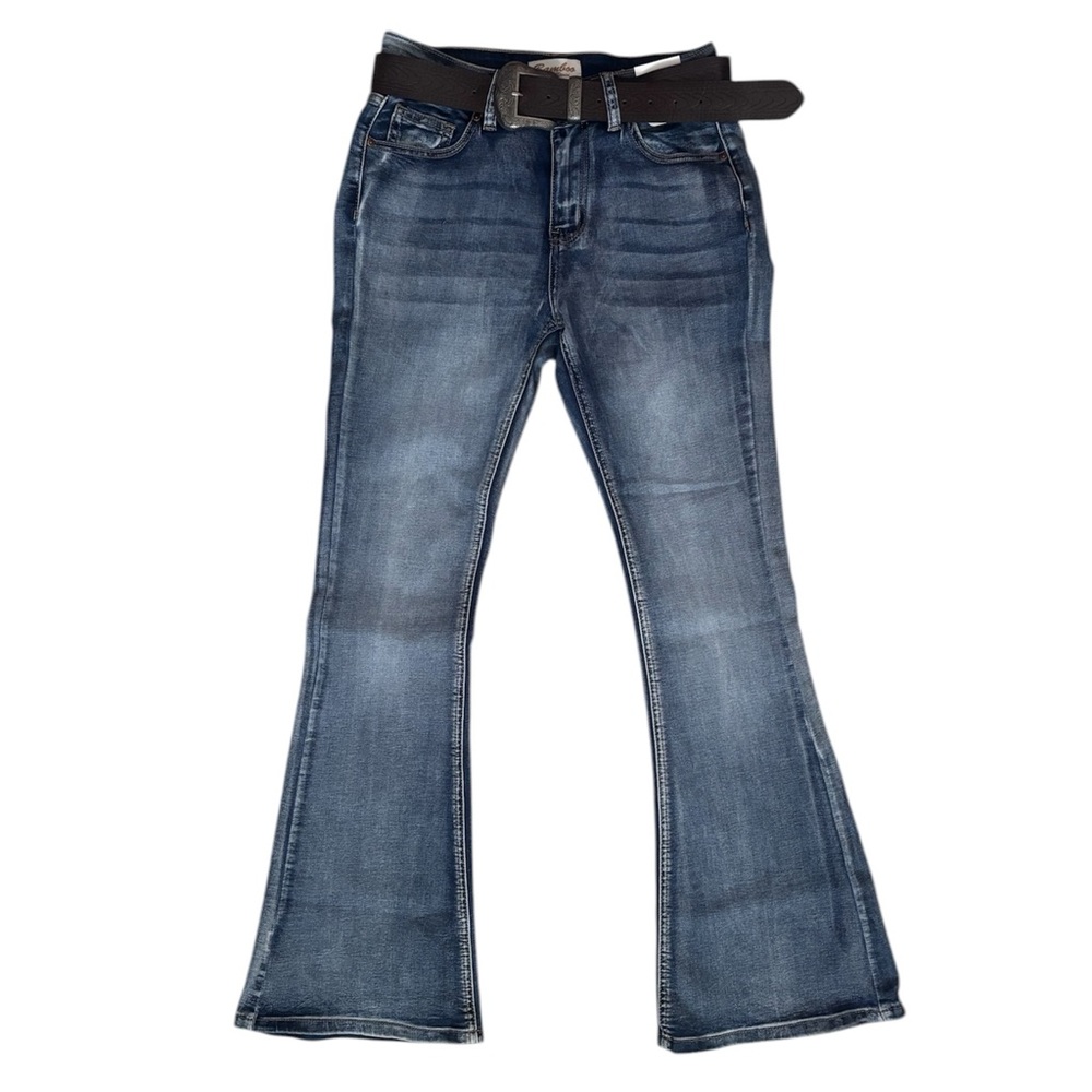 BAMBOO Women's Dark Blue Flare Jeans with Belt